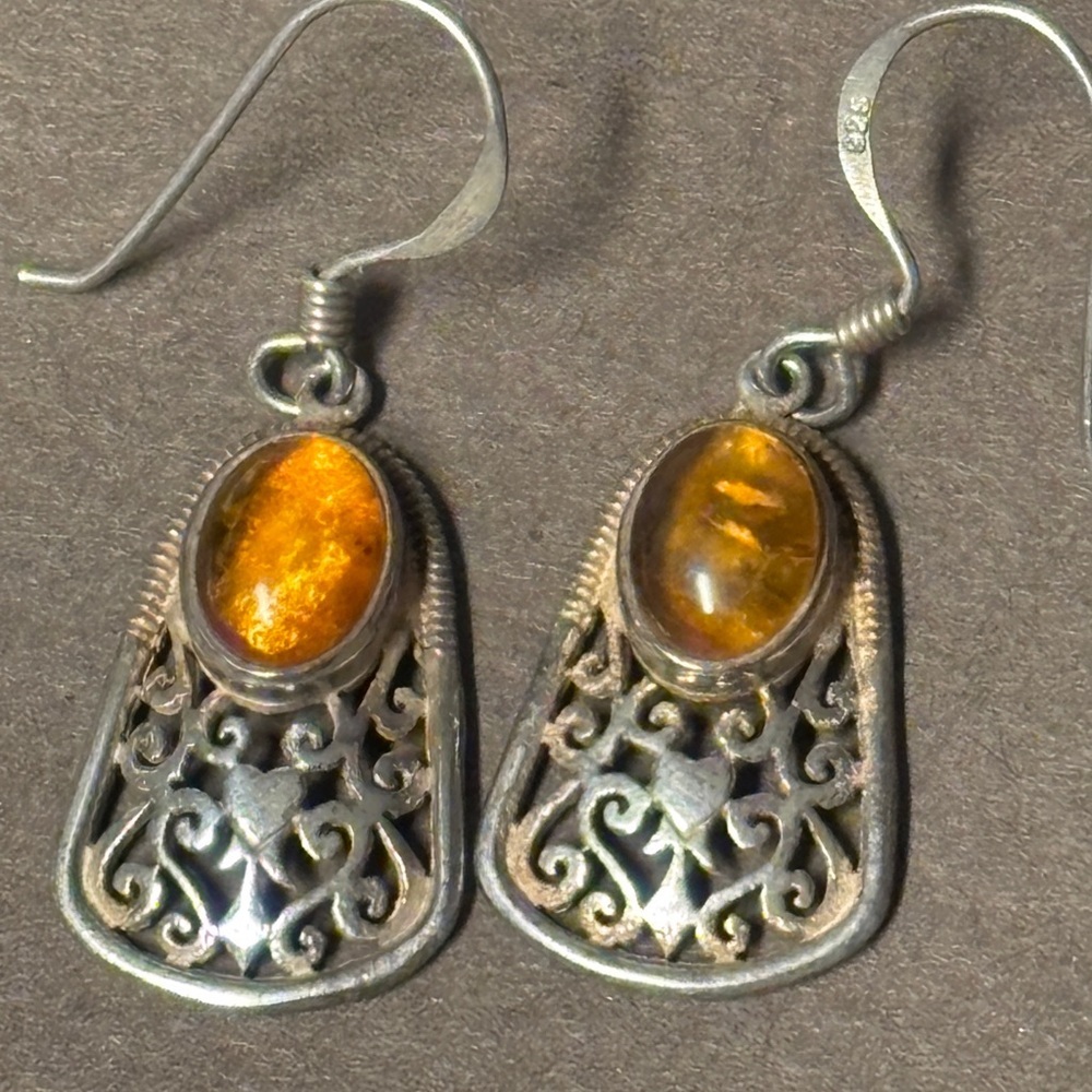 ✨ Vintage Amber & Sterling Silver Filigree Earrings – 925 ✨